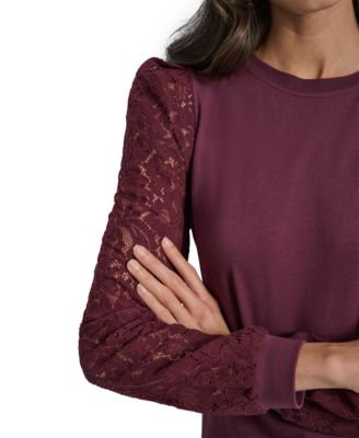 Women's Lace Puff-Sleeve Crewneck Top