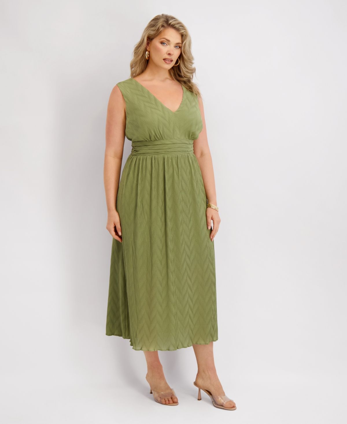 Siena Plus Size V-neck Pleated Chiffon Midi Dress In Pink