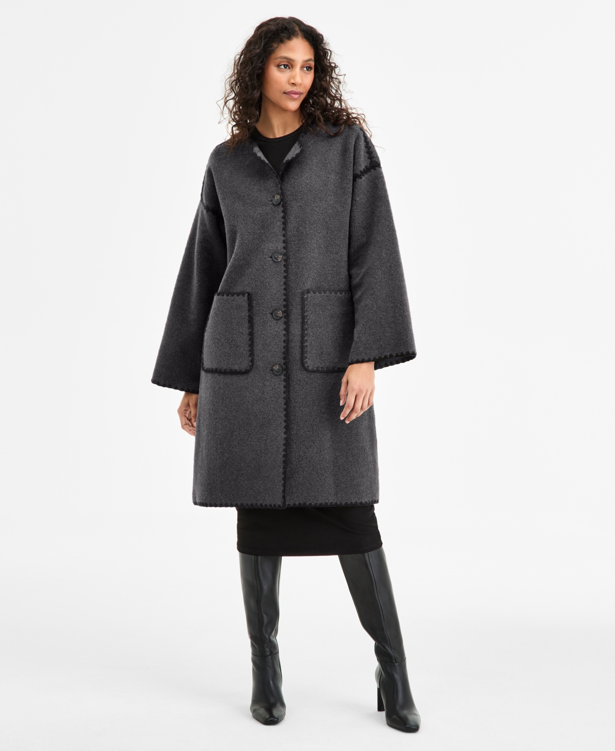 Bcbgmaxazria Petite Button-front Scarf Coat In Gray