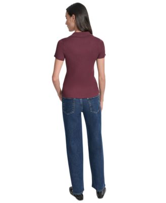 Womens Ribbed V-Neck Polo Sweater