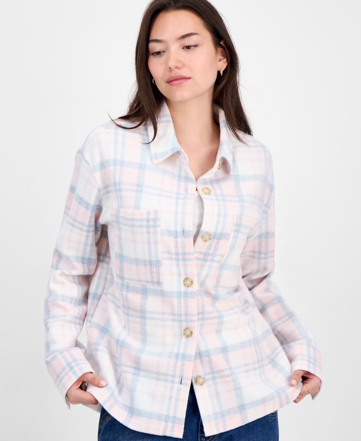 Just Polly Juniors' Plaid Button-front Shacket