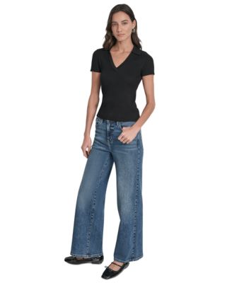 Womens Ribbed V-Neck Polo Sweater