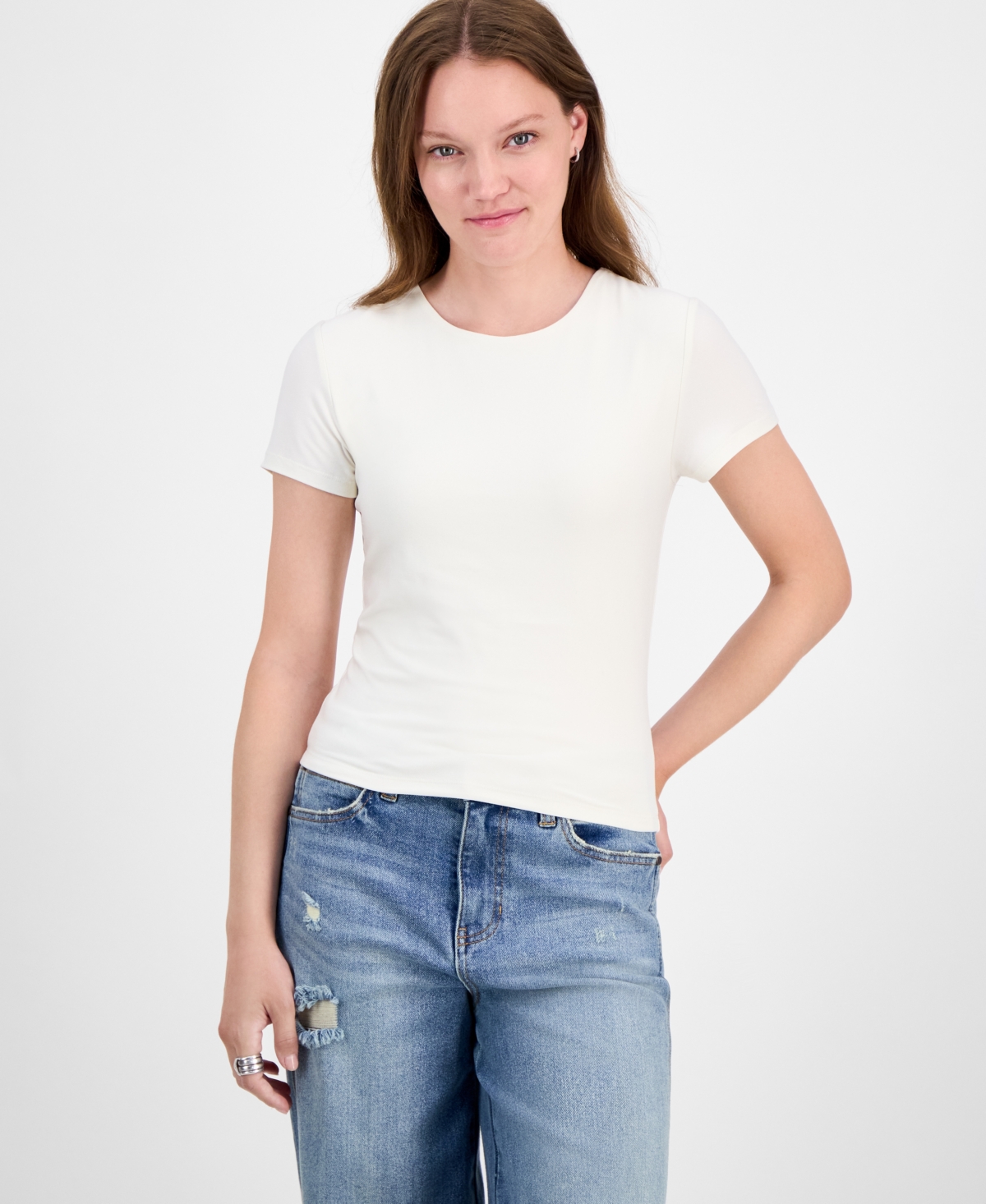 Hippie Rose Juniors' Short-sleeve Crewneck Tee In White