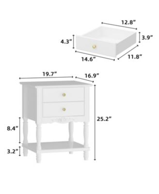 European style luxury white 2-drawer bedside table, bedroom nightstand, wooden end table