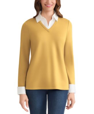 Petite V-Neck Long-Sleeve Two-Fer Pullover