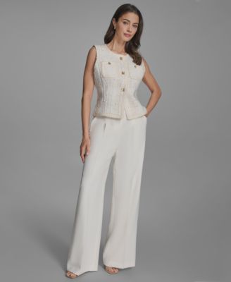 Bcbg Womens Textured Crewneck Button Front Vest Pleated Wide Leg Pants In Neutral