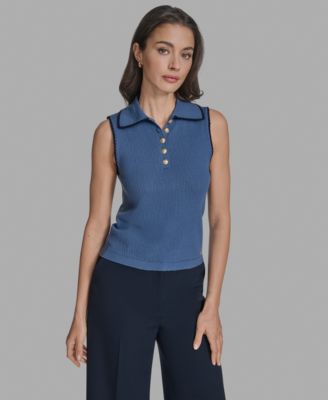 Women's Cotton Tipped Collared Sleeveless Knit Top
