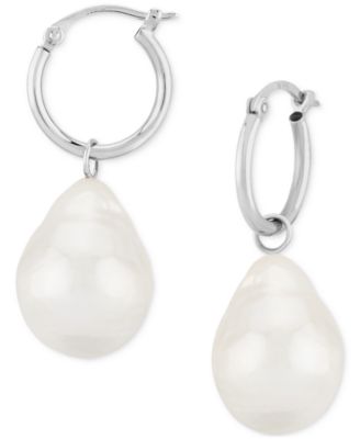 Cultured Freshwater Baroque Pearl (12mm) Dangle Hoop Earrings in 14k Gold