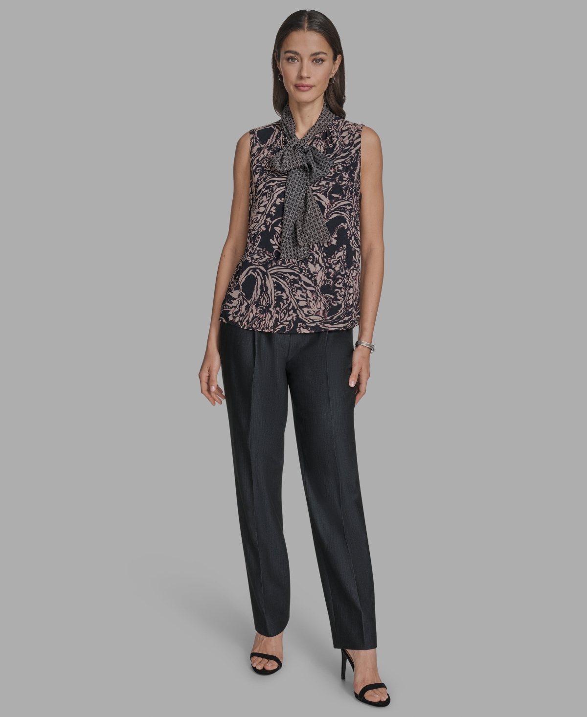 Bcbg Women's Printed Sleeveless Tie-neck Blouse In Black