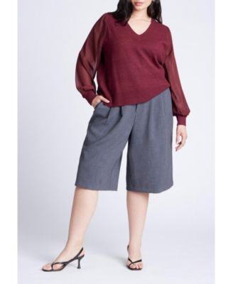 Women's Plus Size Sheer Sleeve V-Neck Sweater