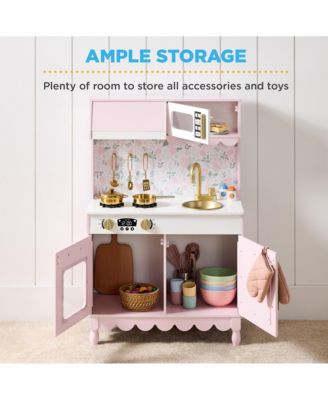 Wooden Cottage Kids Pretend Play Kitchen with 5 Accessories and Toy Storage