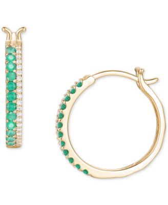 Macy's - Emerald (3/8 ct. t.w.) & Diamond (1/8 ct. t.w.) Double Row Small Hoop Earrings in 14k Gold-Plated Sterling Silver, 0.75"