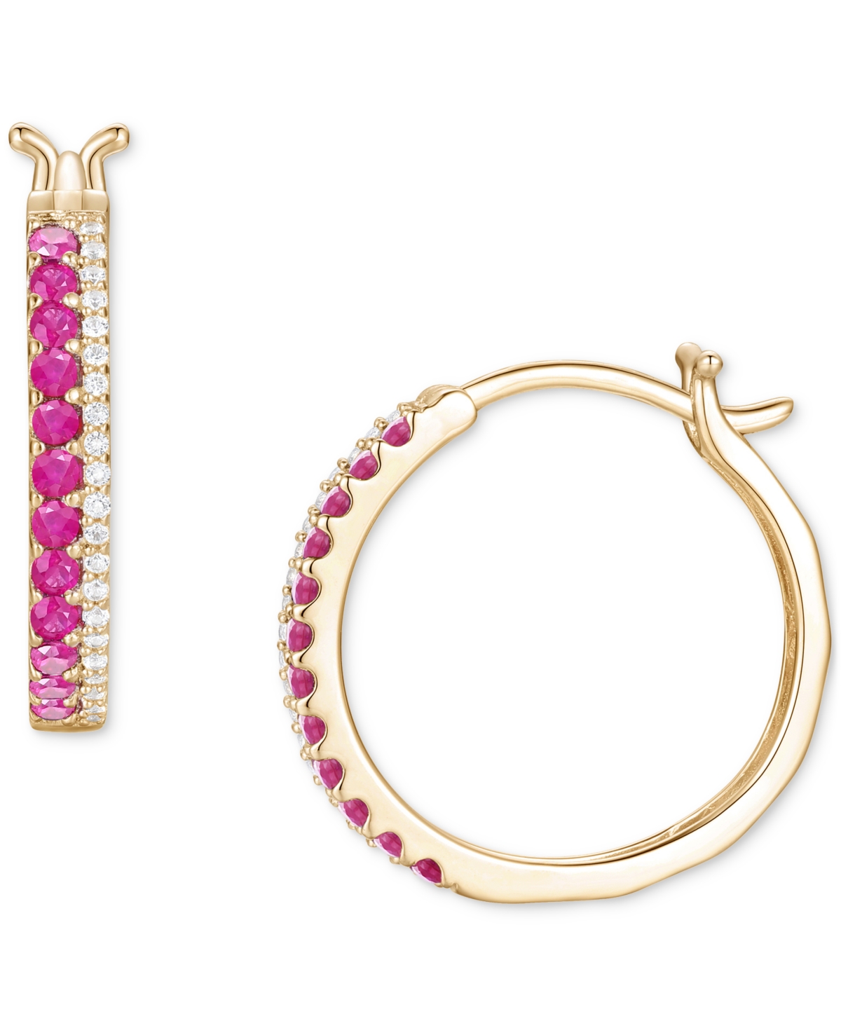 Emerald (3/8 ct. t.w.) & Diamond (1/8 ct. t.w.) Double Row Small Hoop Earrings in 14k Gold-Plated Sterling Silver, 0.75" - Sapphire