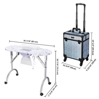 Folding Manicure Nail Table & Rolling Makeup Train Case Mermaid Silver