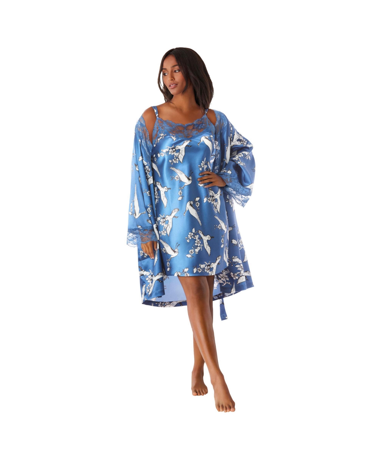 Women's The Luxe Satin Short Peignoir Set - Blue dream crane