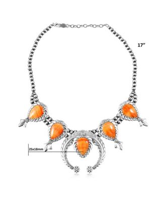 Sterling Silver Orange Spiny Oyster Pear-Cut Squash Blossom Necklace, 17 to 20 Inches