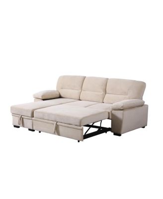 97.5"W Beige Velvet Fabric Reversible Sleeper Sectional Sofa Chaise