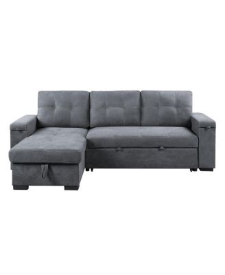 95"W Gray Woven Fabric Reversible Sleeper Sectional Sofa with Storage Chaise Cup Holder Charging Ports and Pockets