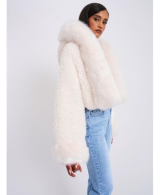 Women's Kali White Cropped Faux Fur Jacket With Hood
