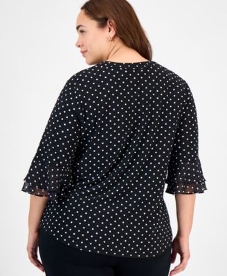 Plus Size Dot-Print Flutter-Sleeve Blouse