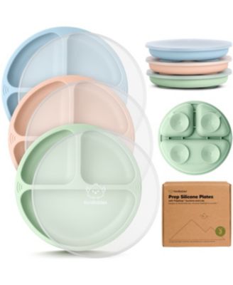 3-Pack Prep Suction Plates with Lids, 100% Silicone Baby Plates with Lid, BPA-Free Kids Divided Toddler Plates