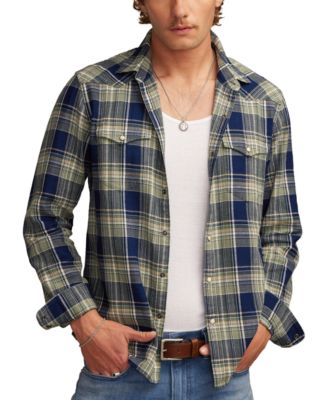 Lucky Brand - Men's Indigo Plaid Western Long Sleeve Snap-Front Shirt