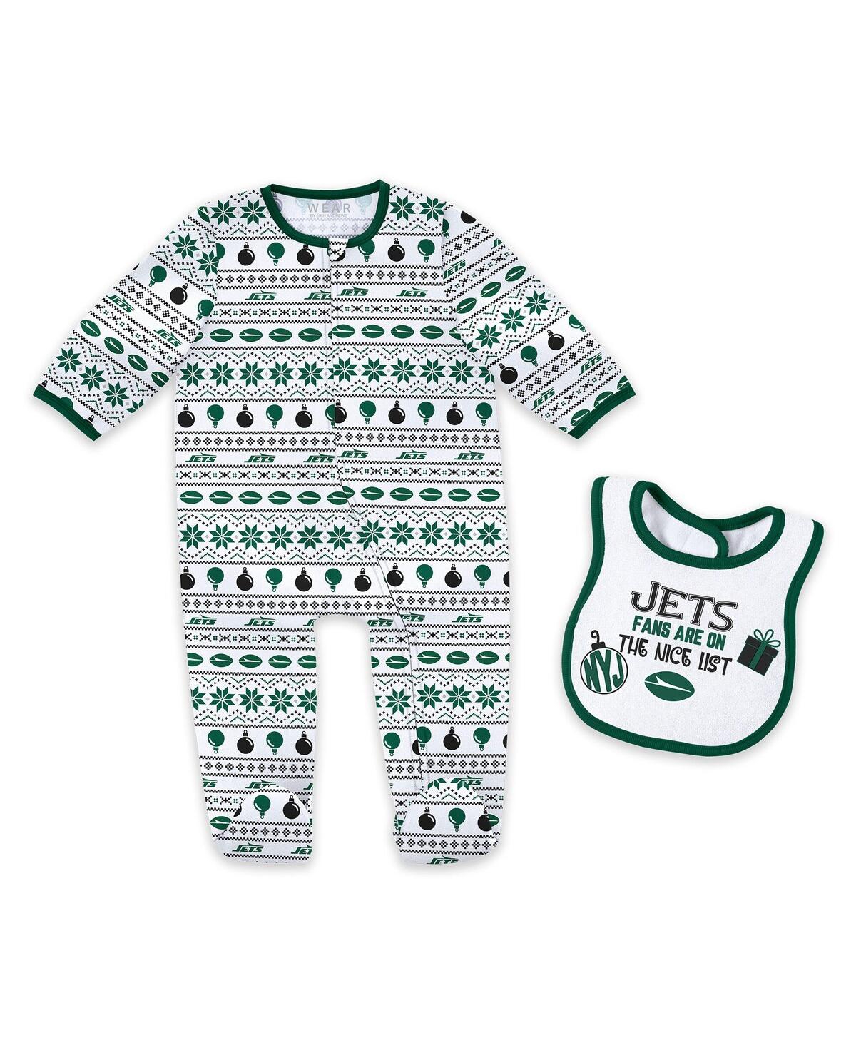 Wear By Erin Andrews Kids' Baby Boys And Girls New York Jets Allover Print Full-zip Sleeper Bib Set In White