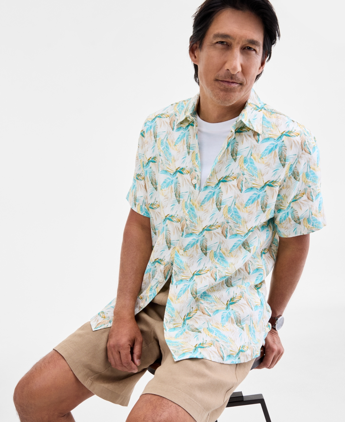 Club Room Men's Regular-fit Tropical-print Button-down Linen Shirt, Macy's Exclusive In Gray