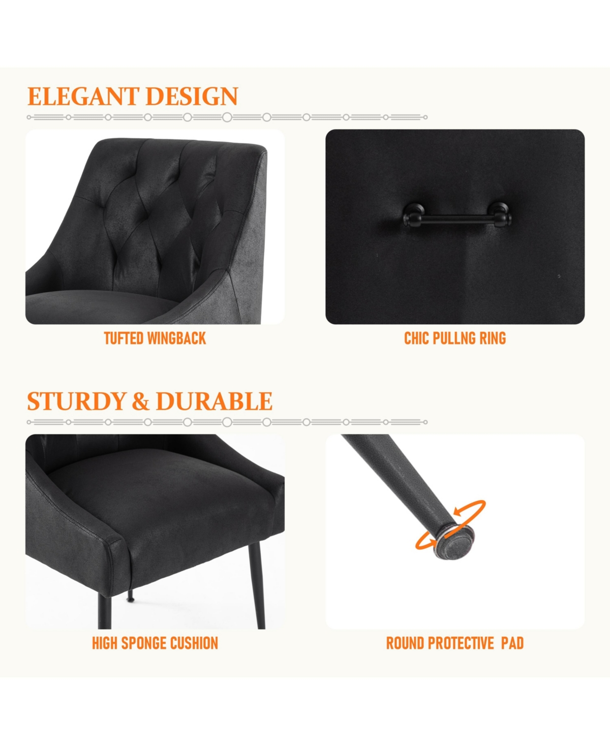 Dyhome Modern Upholstered Dining Chairs Set of 2, Mid Century Kitchen Side with 5.12” Cushions and Back Pull Rod for Kitchen, Living Roo