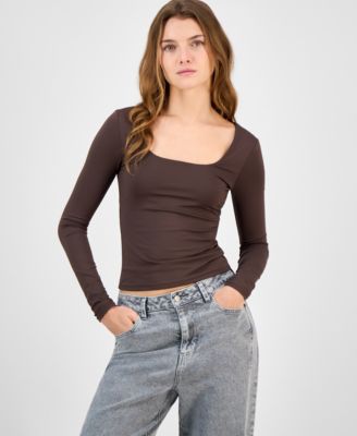 Madden Girl - Juniors' Square-Neck Long-Sleeve Fitted Top