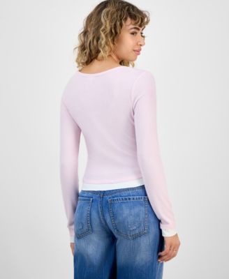 Juniors' Ribbed Layered-Look Long-Sleeve with Bow