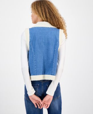 Juniors' Open-Front Denim Sherpa Vest