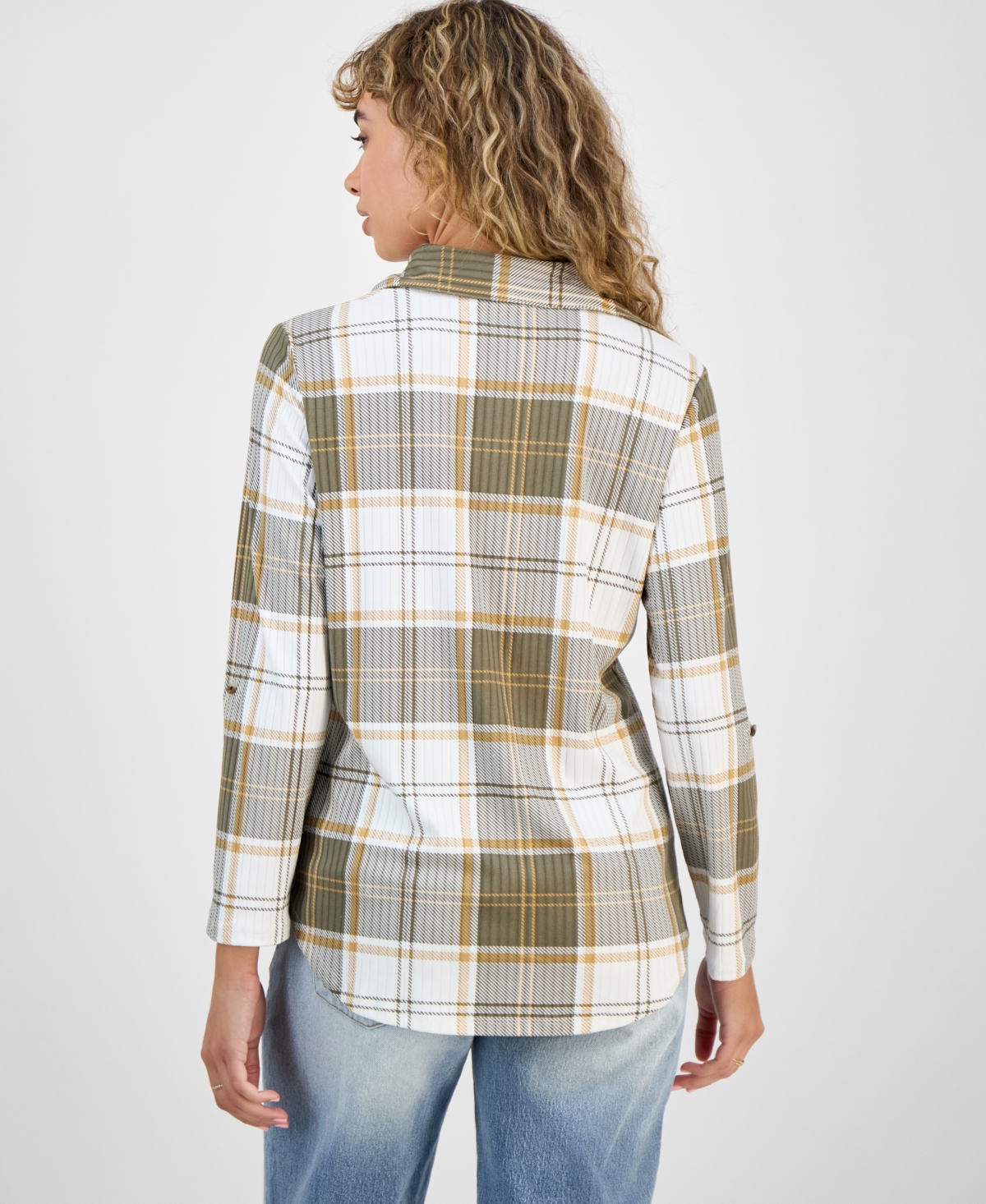 Just Polly Juniors' Plaid Knit Shirt In Multi