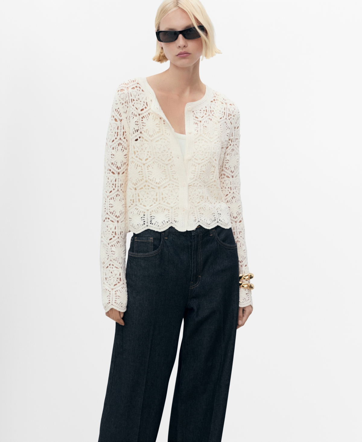 Women's Crochet Knitted Cardigan - Ecru