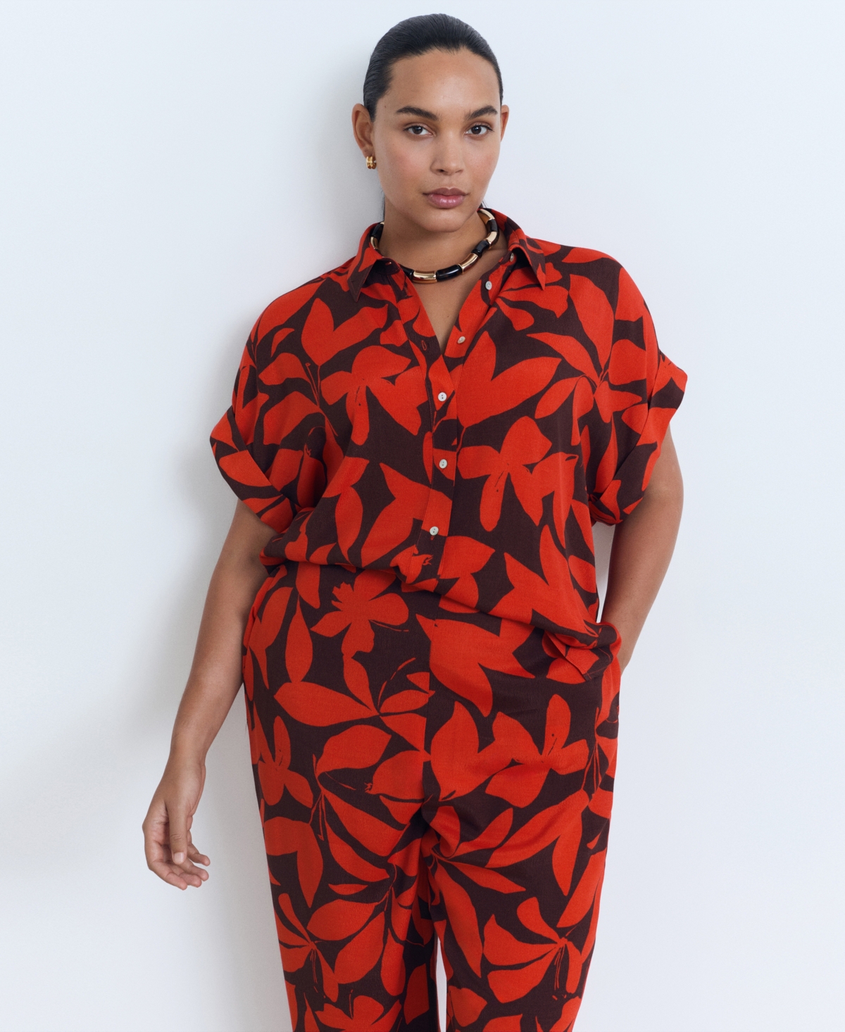Mango Floral Short Sleeve Button-up Shirt In Red
