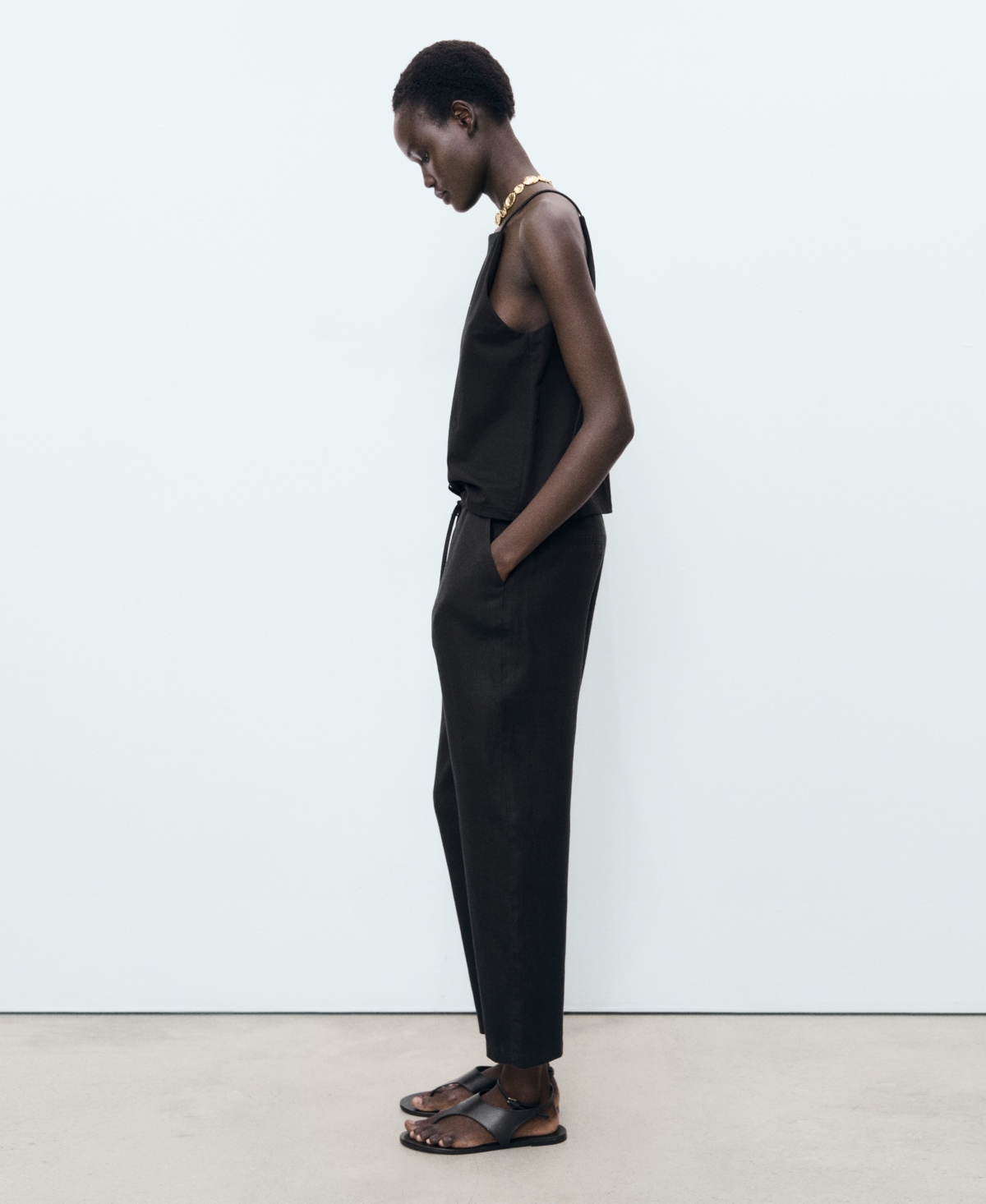 Mango Linen Drawstring Pants In Black