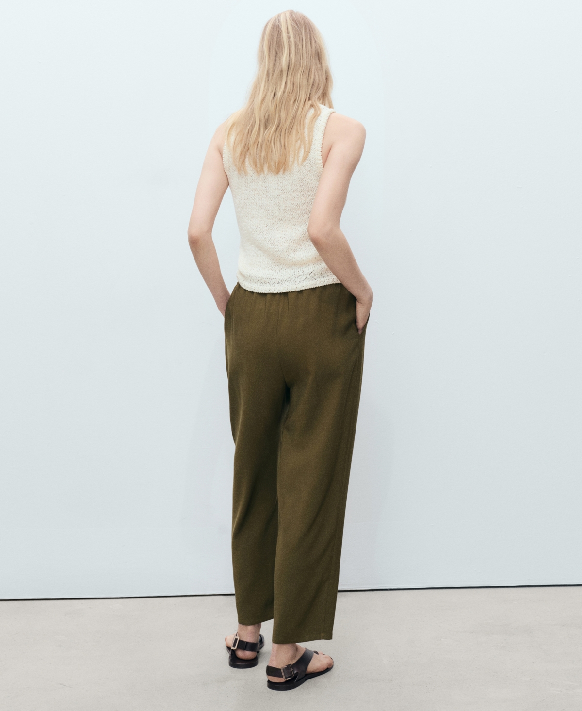 Mango Elastic Waist Flowy Pants In Green