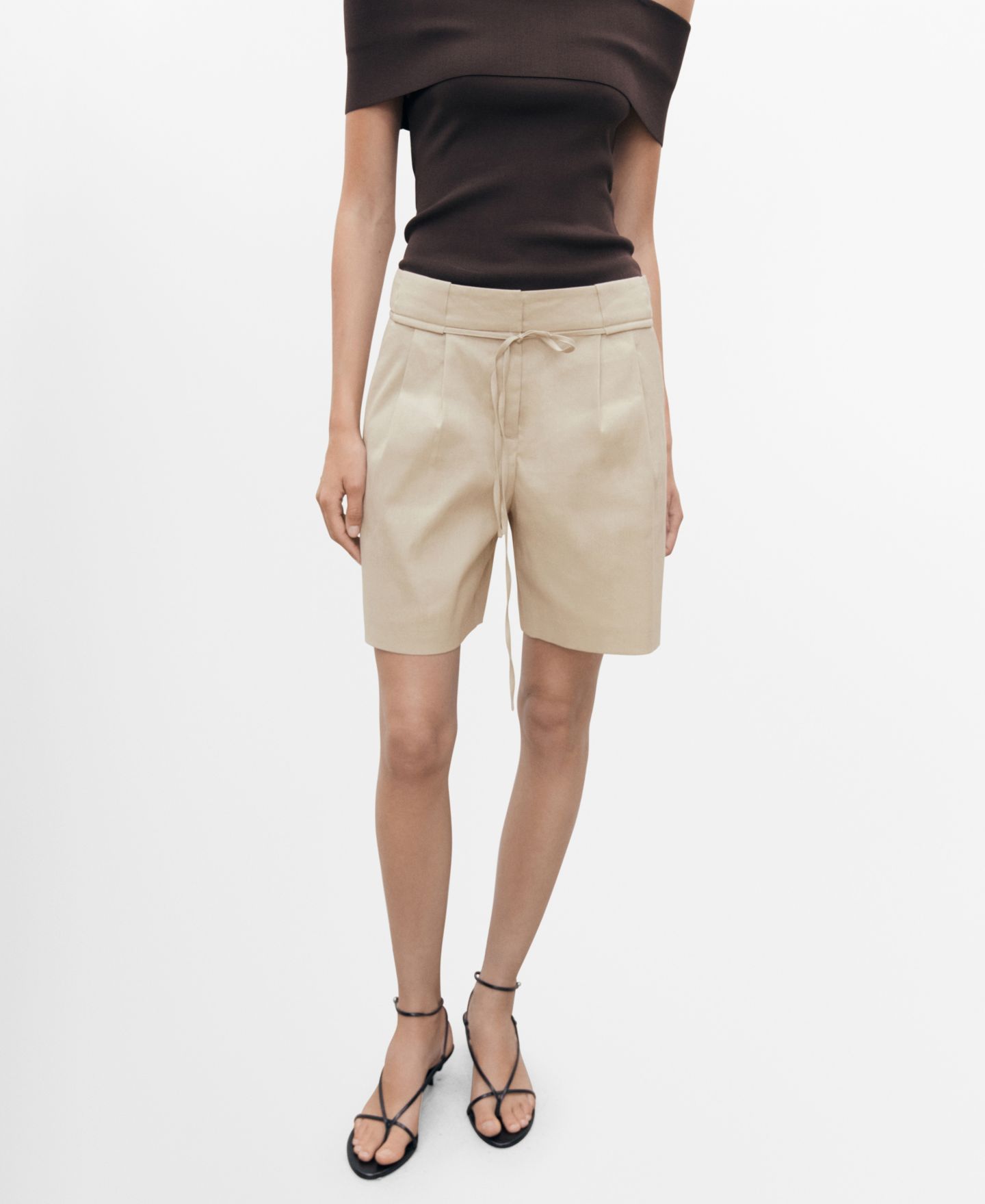 Женские шорты Mango Bow Belt Linen, цвет: Бежевый — фото 1