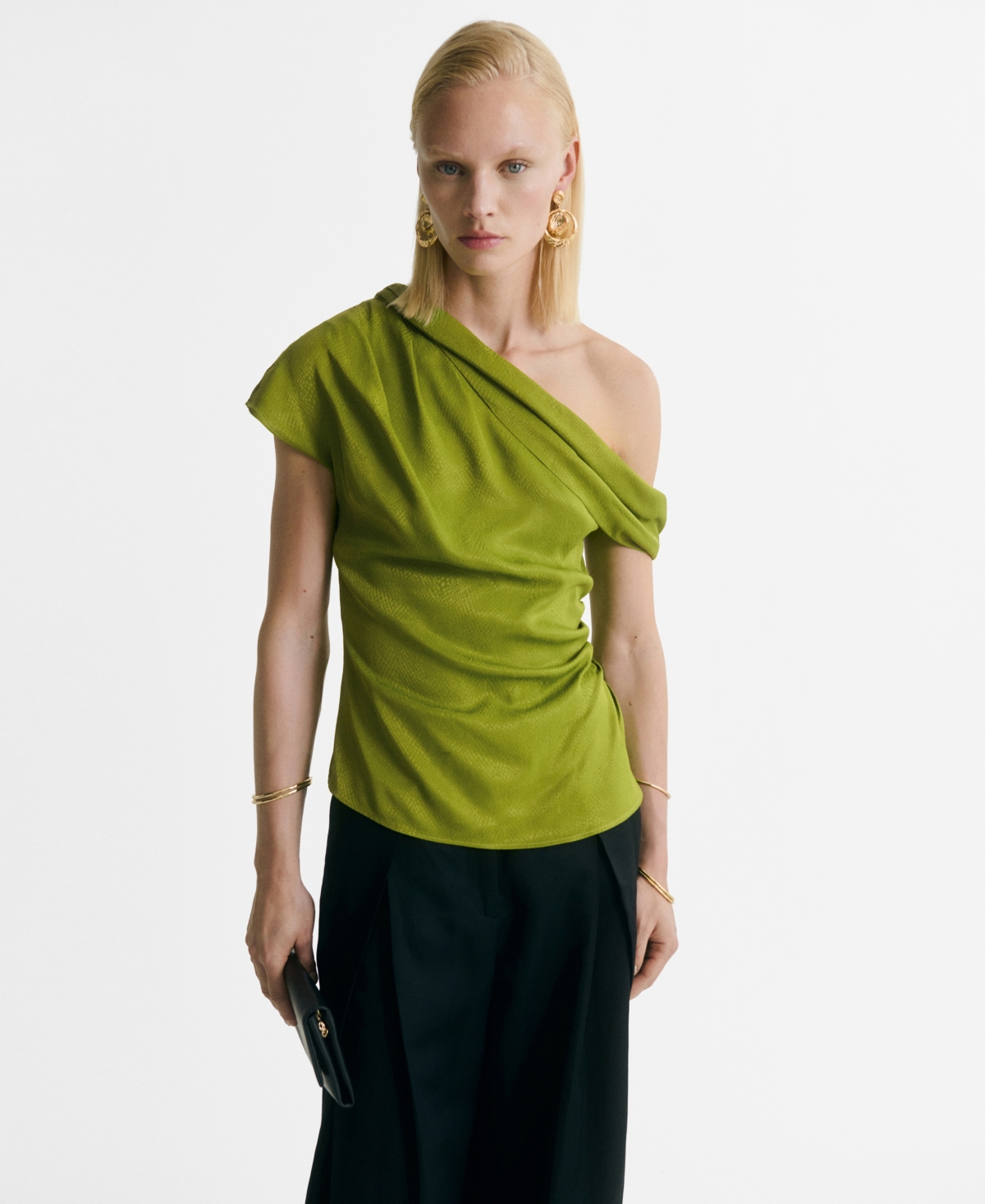 Mango Satin Blouse With Asymmetrical Neck Green In Green