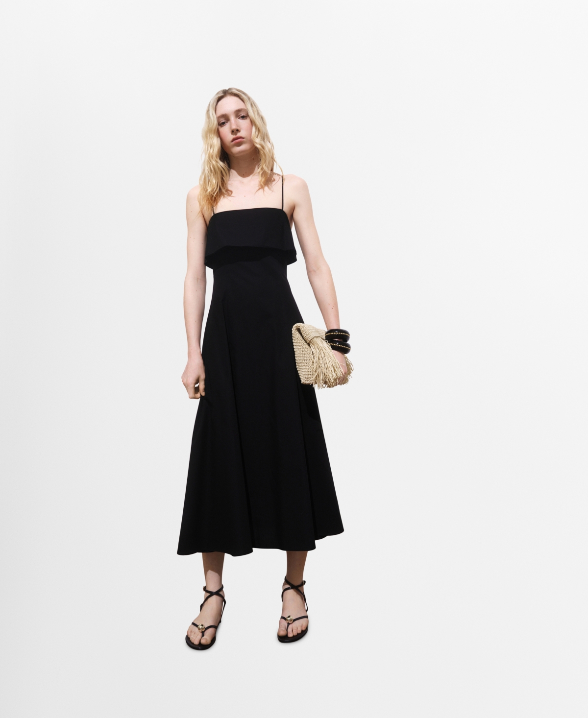Mango Flared Dress With Ruffles Black In Black