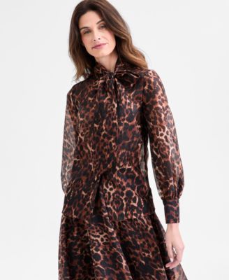 Anne Klein Womens Leopard Print Mock Neck Blouse Skirt In Animal Print