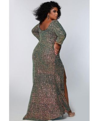 Women's Fitted V-Neck Multi-Dimensional Sequin Long Sleeve Plus Size Gown