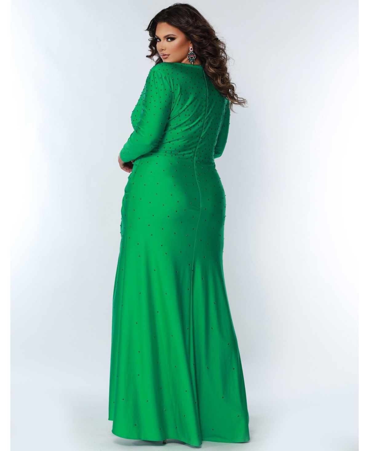 Sydney's Closet Women's Fitted Long Sleeve V-Neck Ruched Plus Size Gown