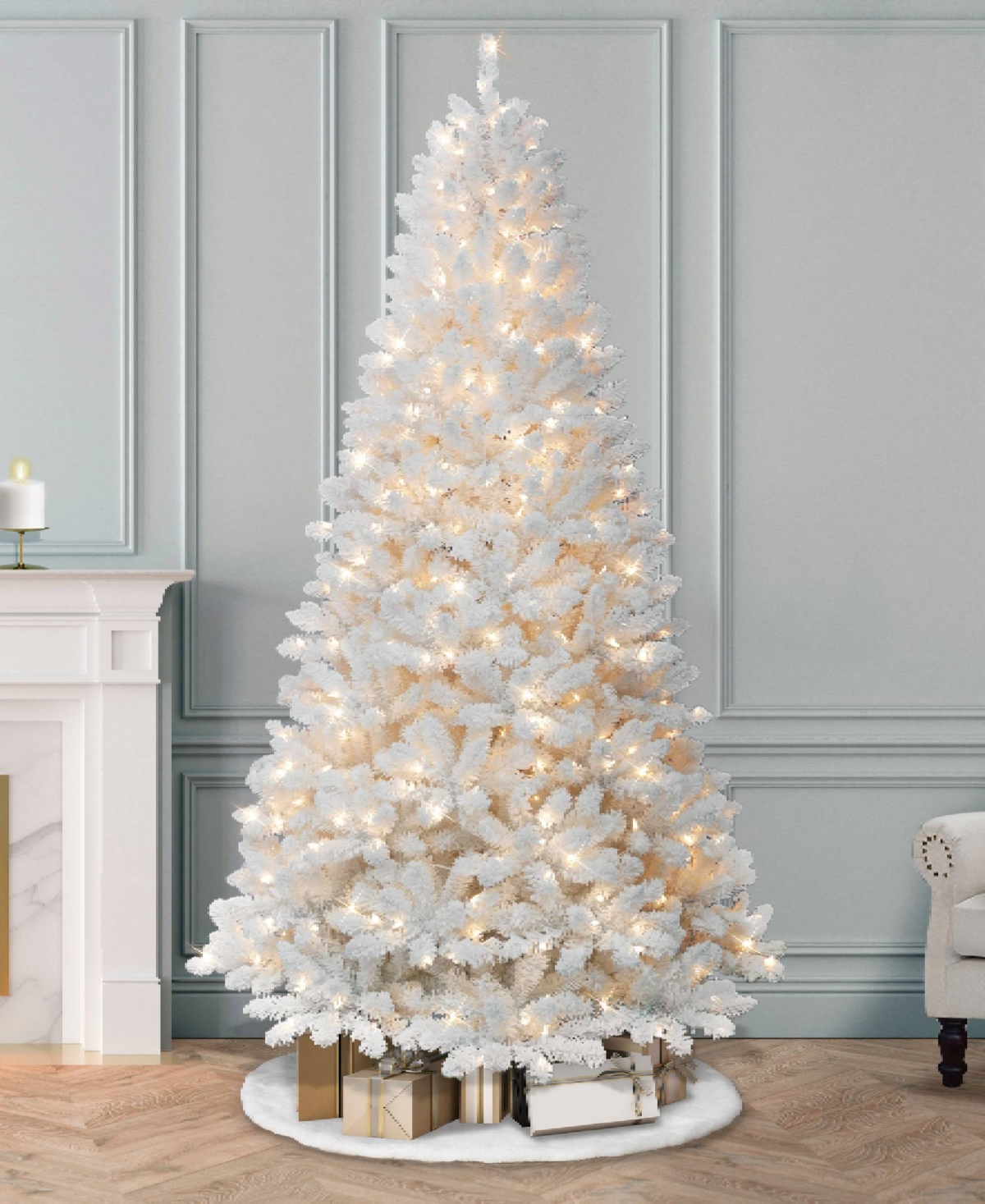 Puleo 7.5 Ft. Pre-lit Flocked Bennington Fir Artificial Christmas Tree In White