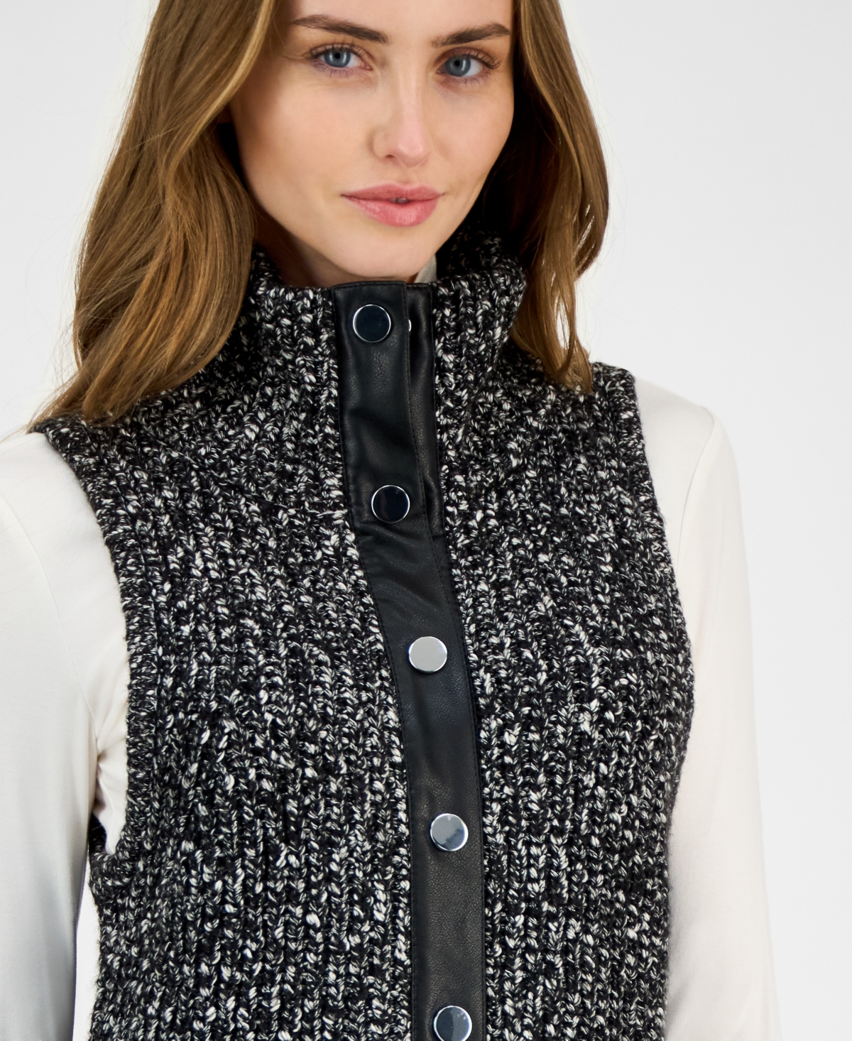 Anne Klein Women's Marled Faux-leather-trim Vest In Black