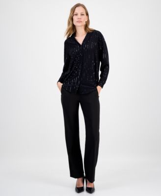 Women's Metallic-Stripe Split-Neck Blouse