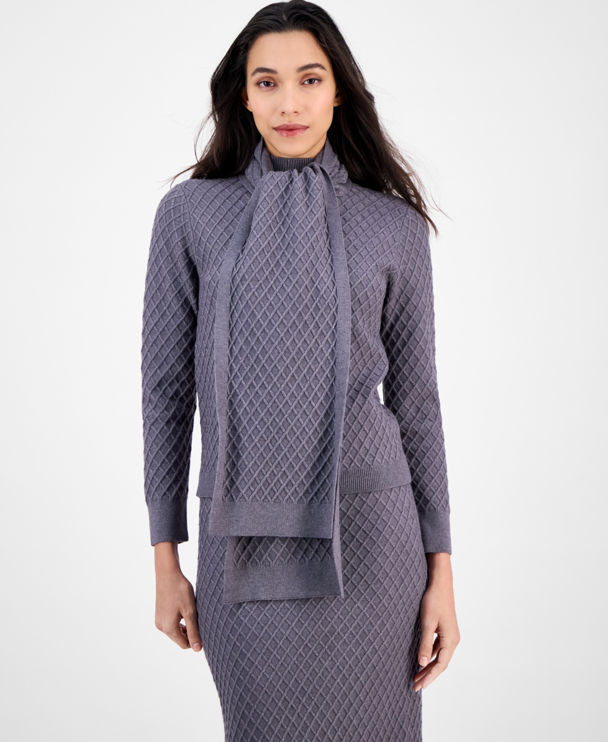 Anne Klein Women's Cable-knit Long-sleeve Scarf Sweater