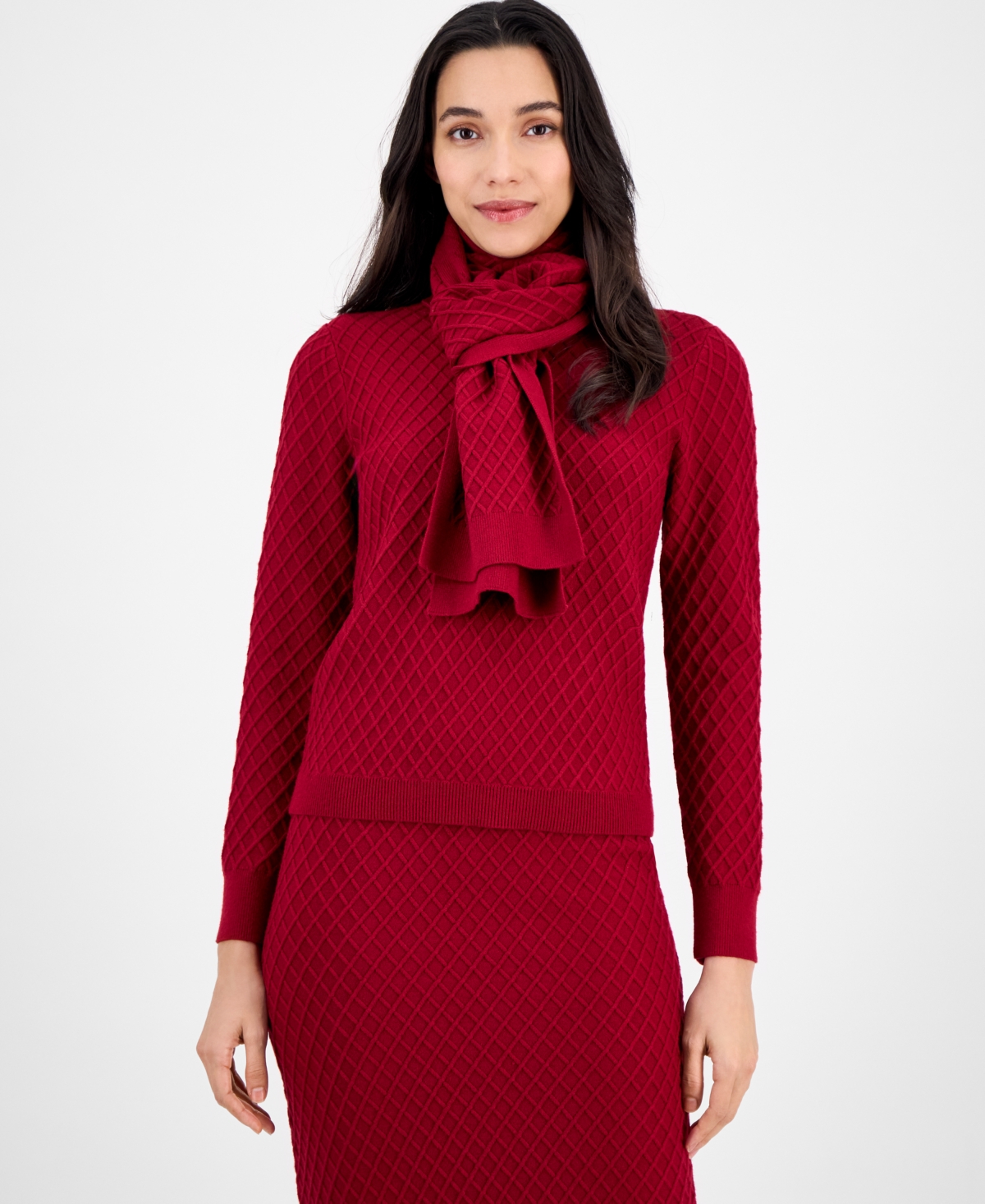 Anne Klein Women's Cable-knit Long-sleeve Scarf Sweater