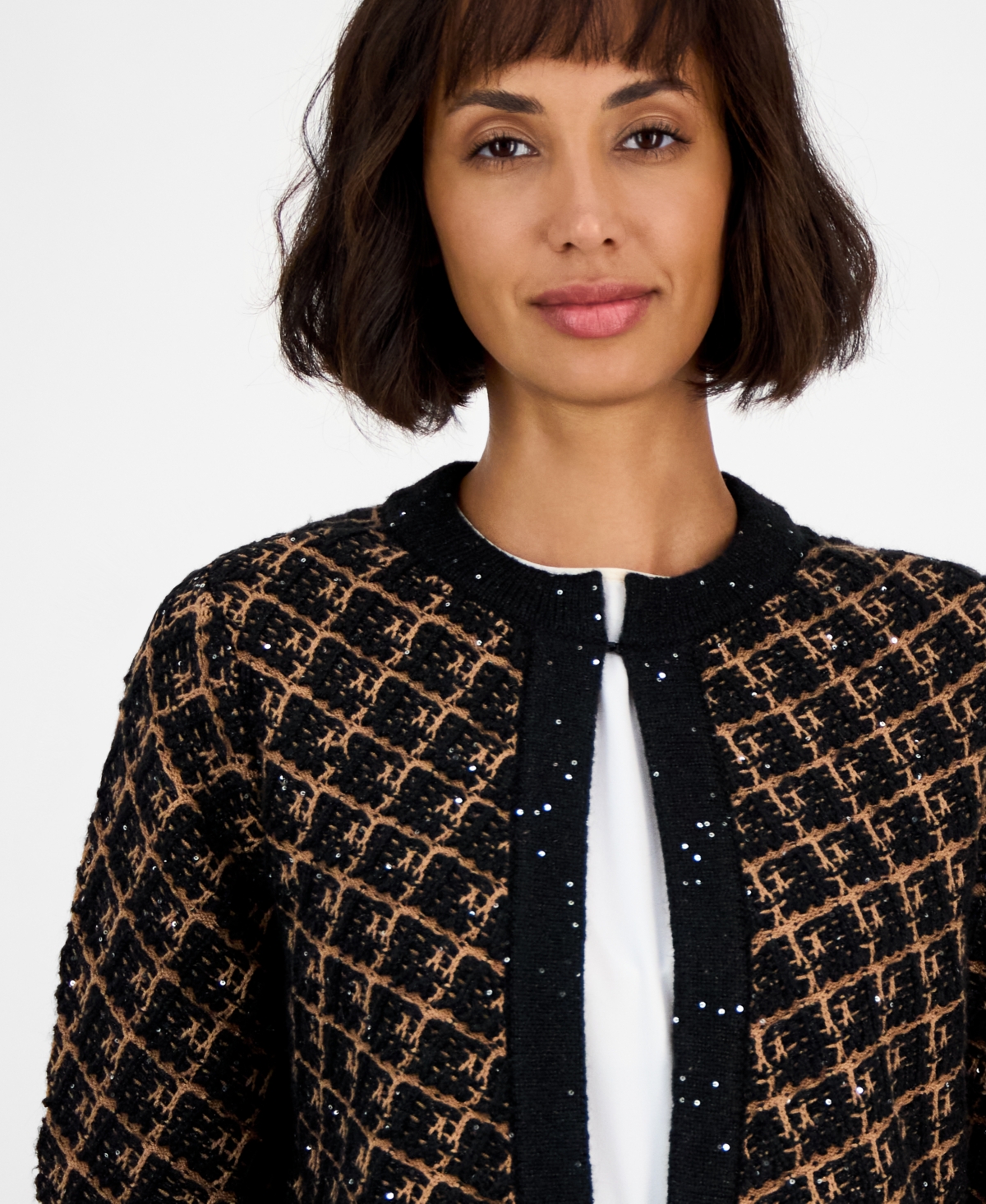 Anne Klein Texture Plaid Beaded Cardigan In Multi