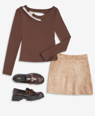 Guess Womens Eleanor Buckle Strap Top Camryn Faux Suede Mini Skirt In Nude